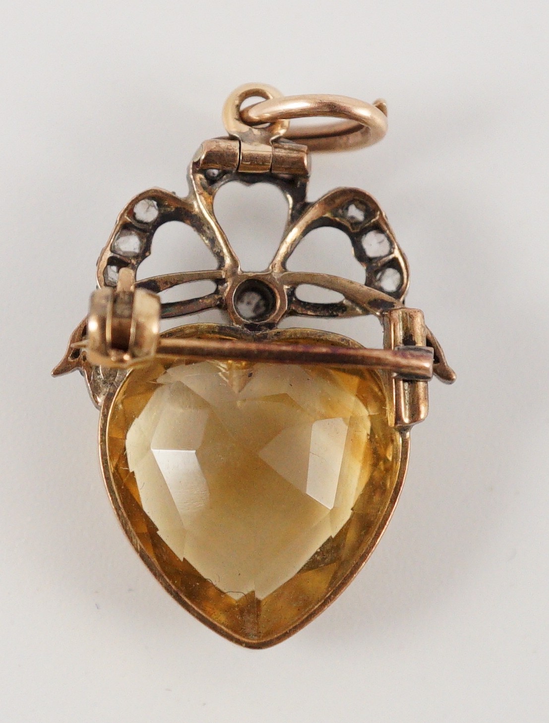 A Victorian gold and silver, rose cut diamond and heart shaped citrine set pendant